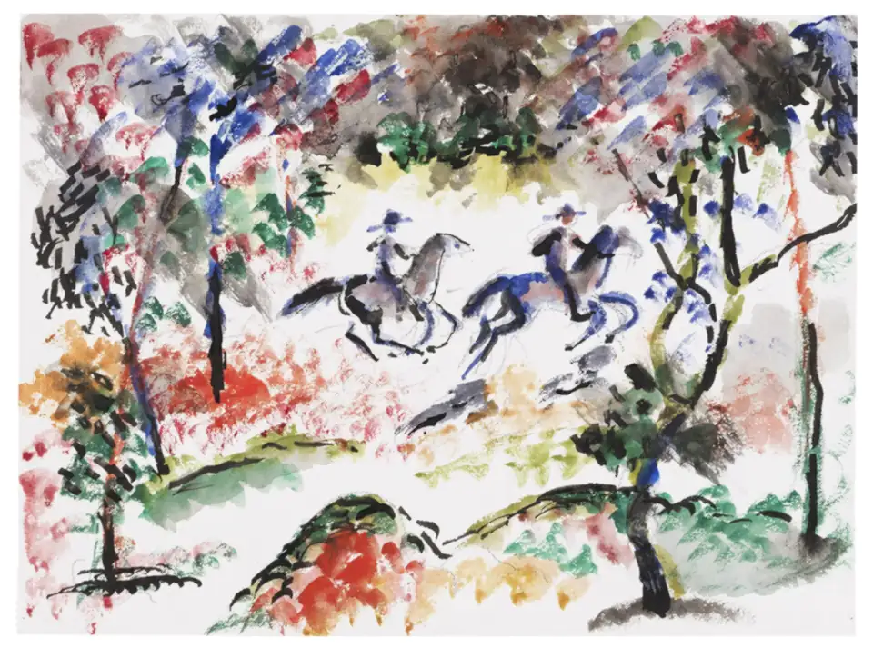 Aquarell von August Macke: zwei Reiter im farbigen Wald